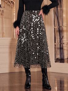 Anewsta Elegant Sequin Long A-Line Black Romantic Date Outing Commute Office Women's Skirt - Black - View 1