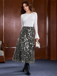 Anewsta Elegant Sequin Long A-Line Black Romantic Date Outing Commute Office Women's Skirt - Black - View 5