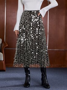 Anewsta Elegant Sequin Long A-Line Black Romantic Date Outing Commute Office Women's Skirt - Black - View 6