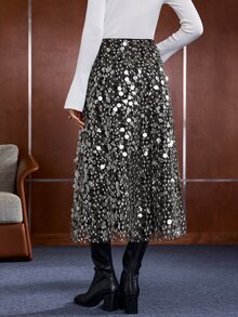 Anewsta Elegant Sequin Long A-Line Black Romantic Date Outing Commute Office Women's Skirt - Black - View 8