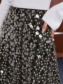 Anewsta Elegant Sequin Long A-Line Black Romantic Date Outing Commute Office Women's Skirt - Black - View 2