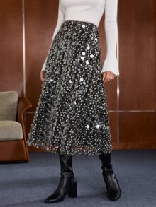 Anewsta Elegant Sequin Long A-Line Black Romantic Date Outing Commute Office Women's Skirt - Black - View 3