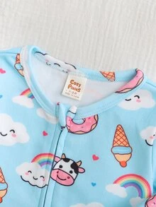 Cozy Pixies 新生兒攝影套裝 女嬰牛與彩虹圖案 柔軟針織圓領長袖連身連腳褲 家居服 藍色 秋季 - 藍色 - 查看 3