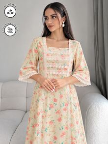 Al Najma Romantic Square Neck Lace Trim Long Sleeve Robe, Fashionable For Spring/Summer - Multicolor - View 2