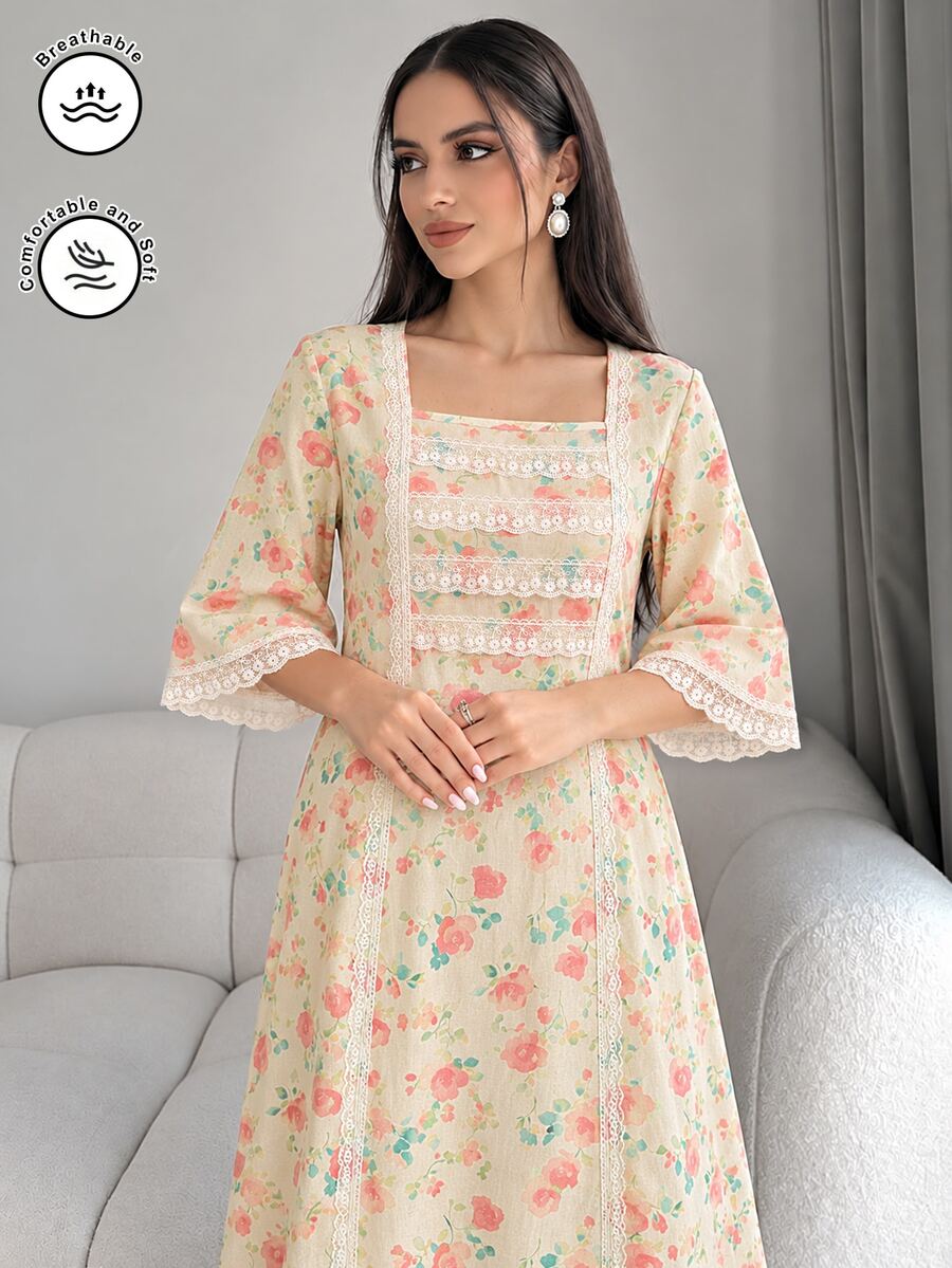 Al Najma Romantic Square Neck Lace Trim Long Sleeve Robe, Fashionable For Spring/Summer