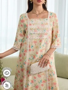 Al Najma Romantic Square Neck Lace Trim Long Sleeve Robe, Fashionable For Spring/Summer - Multicolor - View 5