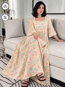 Al Najma Romantic Square Neck Lace Trim Long Sleeve Robe, Fashionable For Spring/Summer - Multicolor - View 10