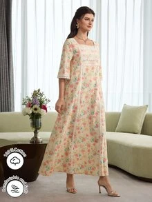 Al Najma Romantic Square Neck Lace Trim Long Sleeve Robe, Fashionable For Spring/Summer - Multicolor - View 9