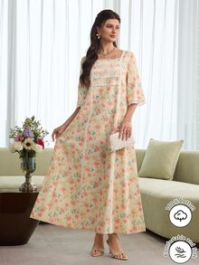 Al Najma Romantic Square Neck Lace Trim Long Sleeve Robe, Fashionable For Spring/Summer - Multicolor - View 4