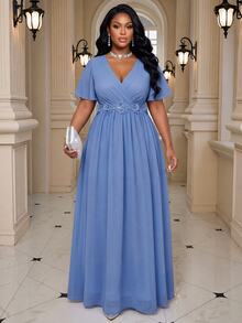 Fleurora Plus Size Women's V-Neck 3D Floral Decor Casual Elegant Party Christening Guest Formal Dates Mother Of The Bride Dress Wedding Dusty Blue Summer - Dusty Blue - View 1