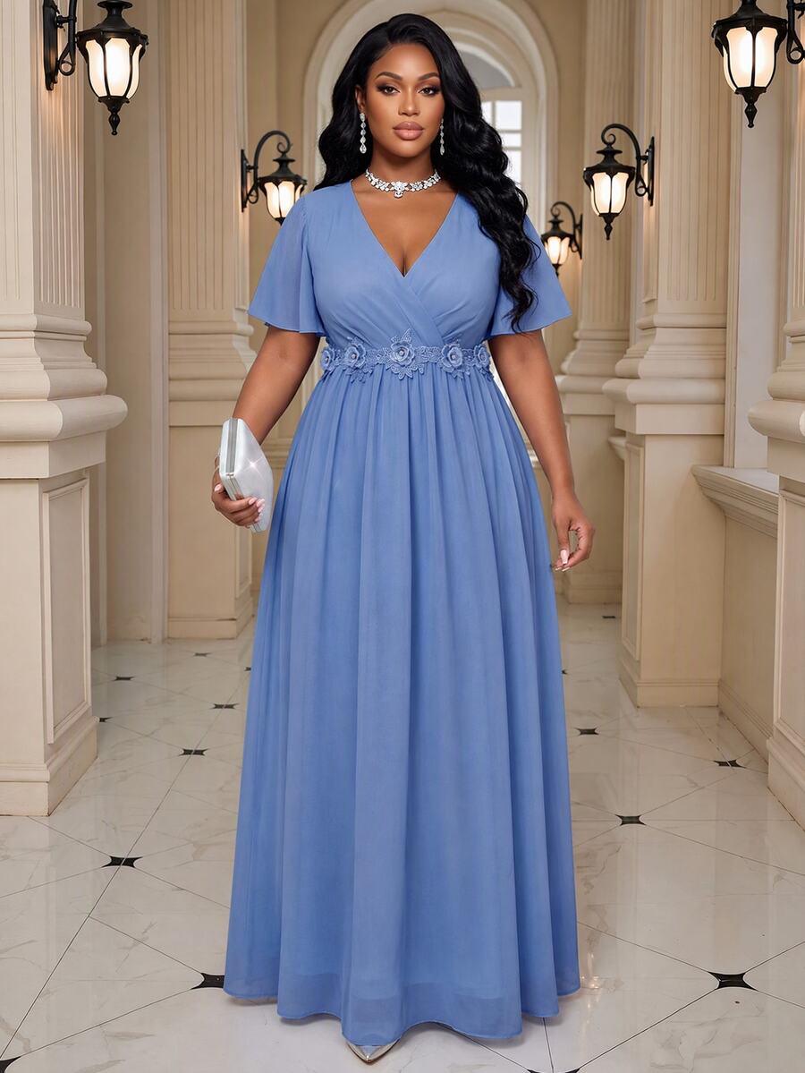 Fleurora Plus Size Women's V-Neck 3D Floral Decor Casual Elegant Party Christening Guest Formal Dates Mother Of The Bride Dress Wedding Dusty Blue Summer - Dusty Blue - View 1