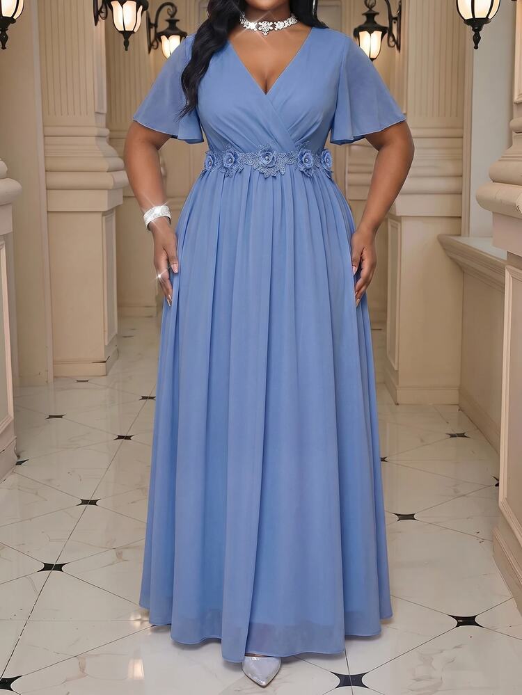 Fleurora Plus Size Women's V-Neck 3D Floral Decor Casual Elegant Party Christening Guest Formal Dates Mother Of The Bride Dress Wedding Dusty Blue Summer - Dusty Blue - View 4