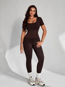 Slayform Seamless Ribbed High Elasticity Sexy Leopard Print Sports Jumpsuit - Brown - View 5