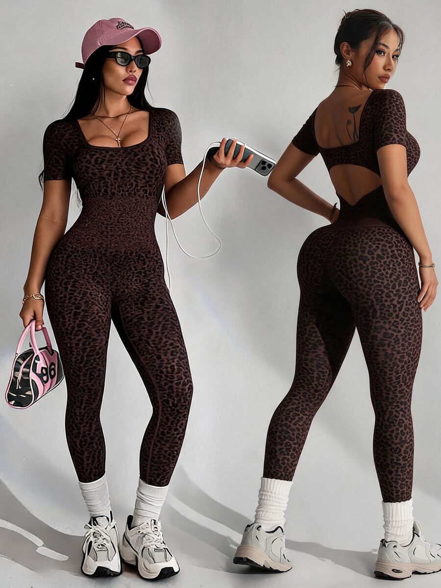 Slayform Seamless Ribbed High Elasticity Sexy Leopard Print Sports Jumpsuit - Brown - View 1