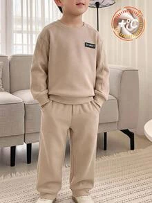 SHEIN Kids Young Boys Long Sleeve Pullover Sweatshirt And Pants 2pcs/Set, Suitable For Autumn/Winter Outdoor, Skiing, Daily, Sports, Play, Party - Apricot - View 5