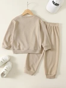 SHEIN Kids Young Boys Long Sleeve Pullover Sweatshirt And Pants 2pcs/Set, Suitable For Autumn/Winter Outdoor, Skiing, Daily, Sports, Play, Party - Apricot - View 2