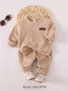 SHEIN Kids Young Boys Long Sleeve Pullover Sweatshirt And Pants 2pcs/Set, Suitable For Autumn/Winter Outdoor, Skiing, Daily, Sports, Play, Party - Apricot - View 1