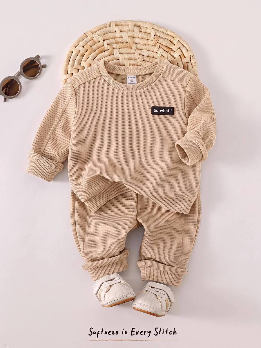 SHEIN Kids Young Boys Long Sleeve Pullover Sweatshirt And Pants 2pcs/Set, Suitable For Autumn/Winter Outdoor, Skiing, Daily, Sports, Play, Party - Apricot - View 1