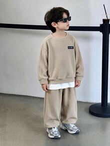 SHEIN Kids Young Boys Long Sleeve Pullover Sweatshirt And Pants 2pcs/Set, Suitable For Autumn/Winter Outdoor, Skiing, Daily, Sports, Play, Party - Apricot - View 4
