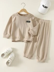 SHEIN Kids Young Boys Long Sleeve Pullover Sweatshirt And Pants 2pcs/Set, Suitable For Autumn/Winter Outdoor, Skiing, Daily, Sports, Play, Party - Apricot - View 3