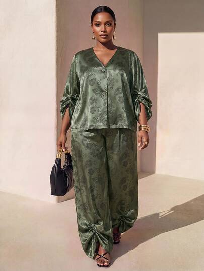 Zivah Autumn/Winter New Arrival Party Birthday Gathering Date Daily Streetwear All-Match Versatile Casual Home Holiday Outing Office Commute Elegant V-Neck Long Sleeve Paisley Print Fabric Jacket Loose Lantern Pants With Pockets Olive Green Print Set Plus Size Women's Outfit