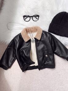 SHEIN 男嬰對比色翻領長袖PU皮革保暖內裡夾克外套 秋季 - 黑色 - 查看 6
