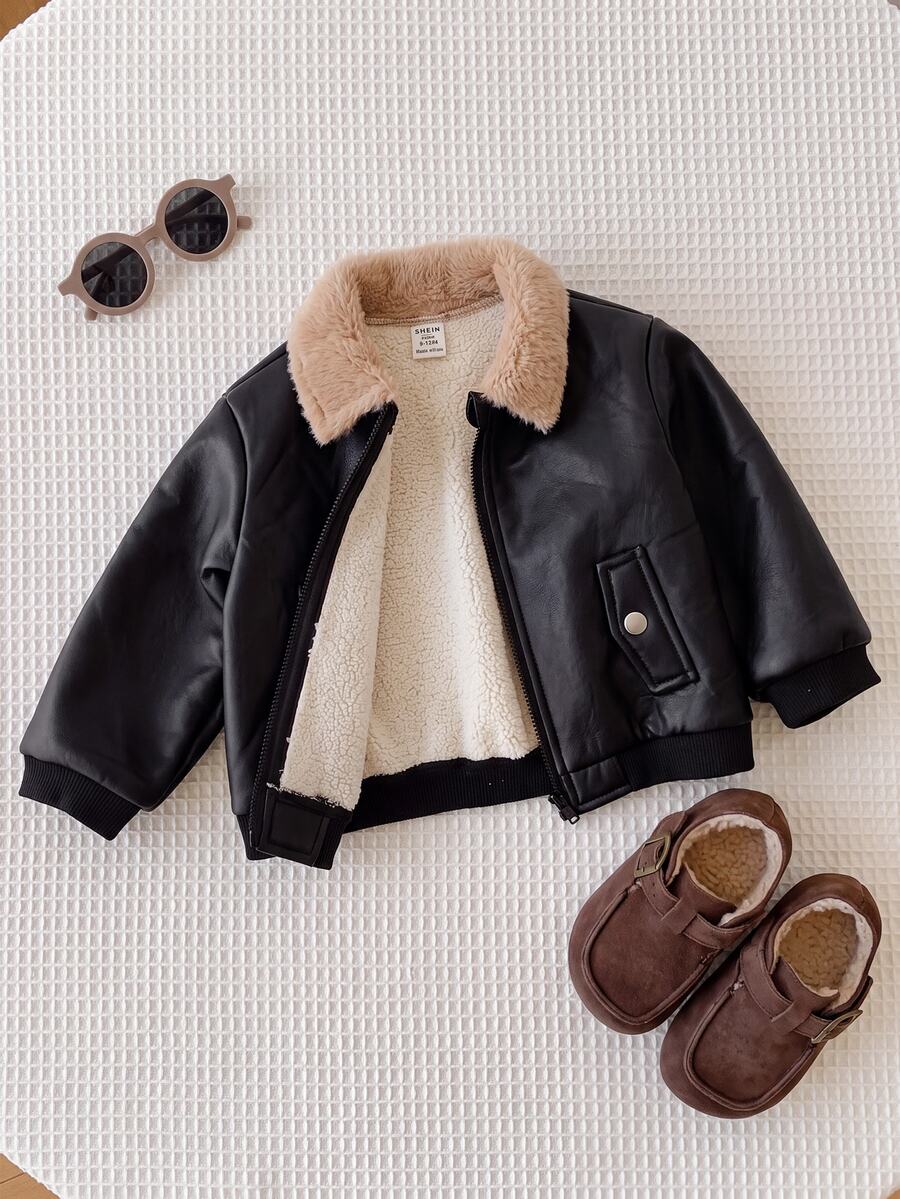 SHEIN Baby Boy Contrast Color Lapel Long Sleeve PU Leather Thermal Lined Jacket Autumn - Black - View 1