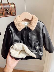 SHEIN 男嬰對比色翻領長袖PU皮革保暖內裡夾克外套 秋季 - 黑色 - 查看 8