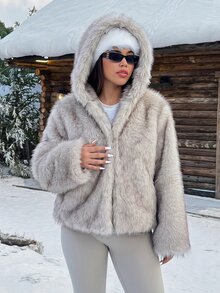SHEIN Clasi Plus Size Elegant Faux Fur Hooded Jacket With Pockets Winter - Apricot - View 4