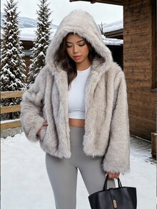 SHEIN Clasi Plus Size Elegant Faux Fur Hooded Jacket With Pockets Winter - Apricot - View 3