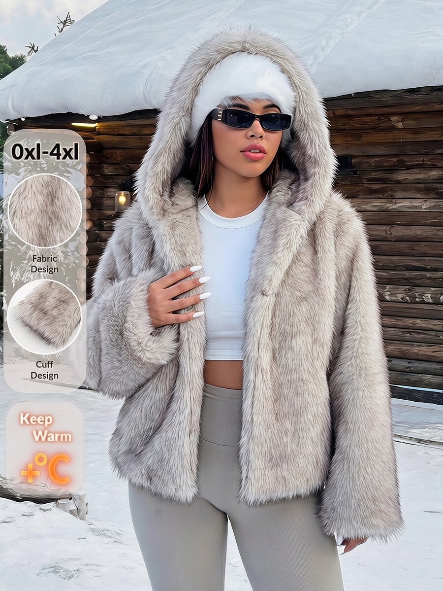 SHEIN Clasi Plus Size Elegant Faux Fur Hooded Jacket With Pockets Winter - Apricot - View 1