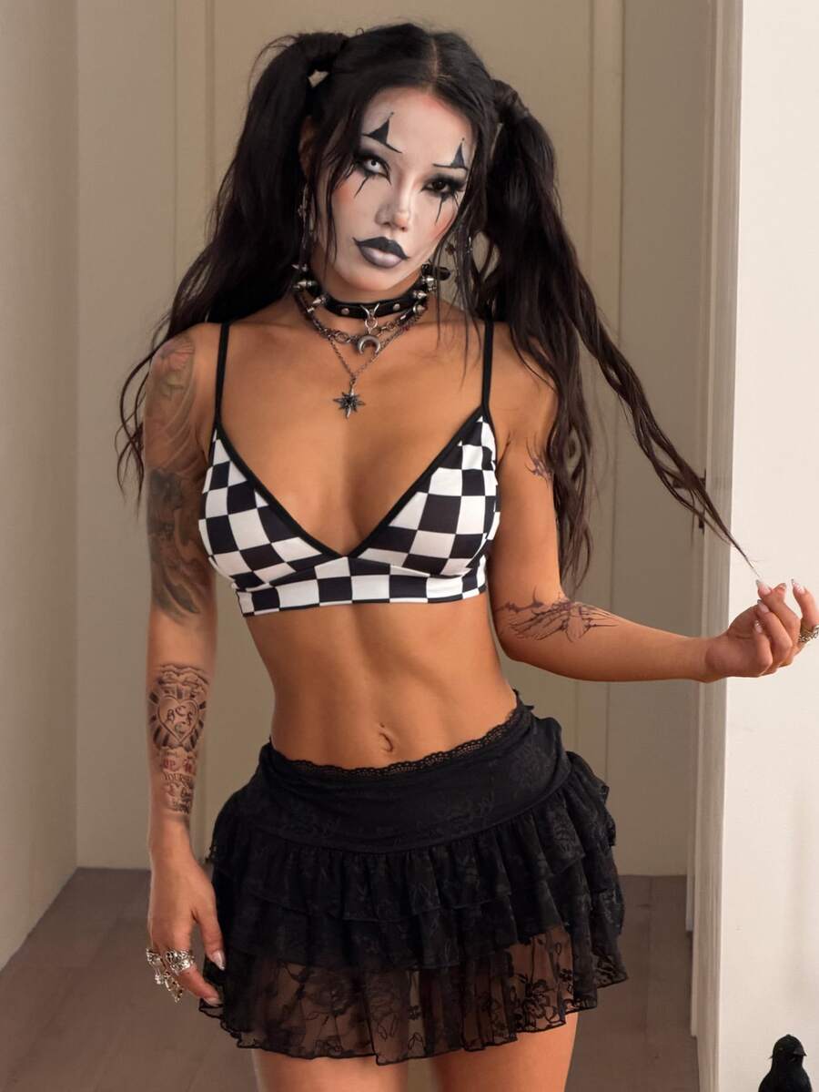 Coolane Women's Fall/Winter Halloween Outfits Goth Y2k Clown Going Out Punk Fashionable Versatile Checkered Camisole Tank Top - Black and White - View 1