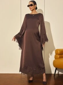 MaterniWear فستان أنيق للحوامل بلون موحد وياقة دائرية وأكمام واسعة مزينة بالدانتيل المتباين - بني - مشاهدة 7
