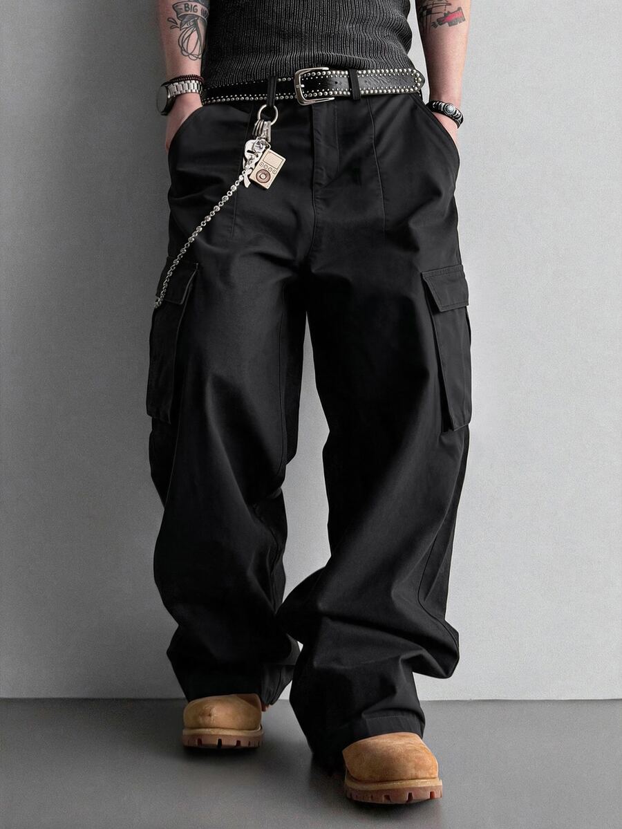SLATEMANN Men's Black Long Pants, Multi-Pocket Cargo Pants, Loose Casual Fashion Versatile Cargo Long Pants - Black - View 1