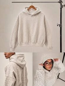 AKNOTIC Men's Grey Knit Letter Embroidered Loose Drop Shoulder Long Sleeve Fashion Hoodie, Suitable For Daily Wear Halloween Winter Party Autumn  - White - View 1