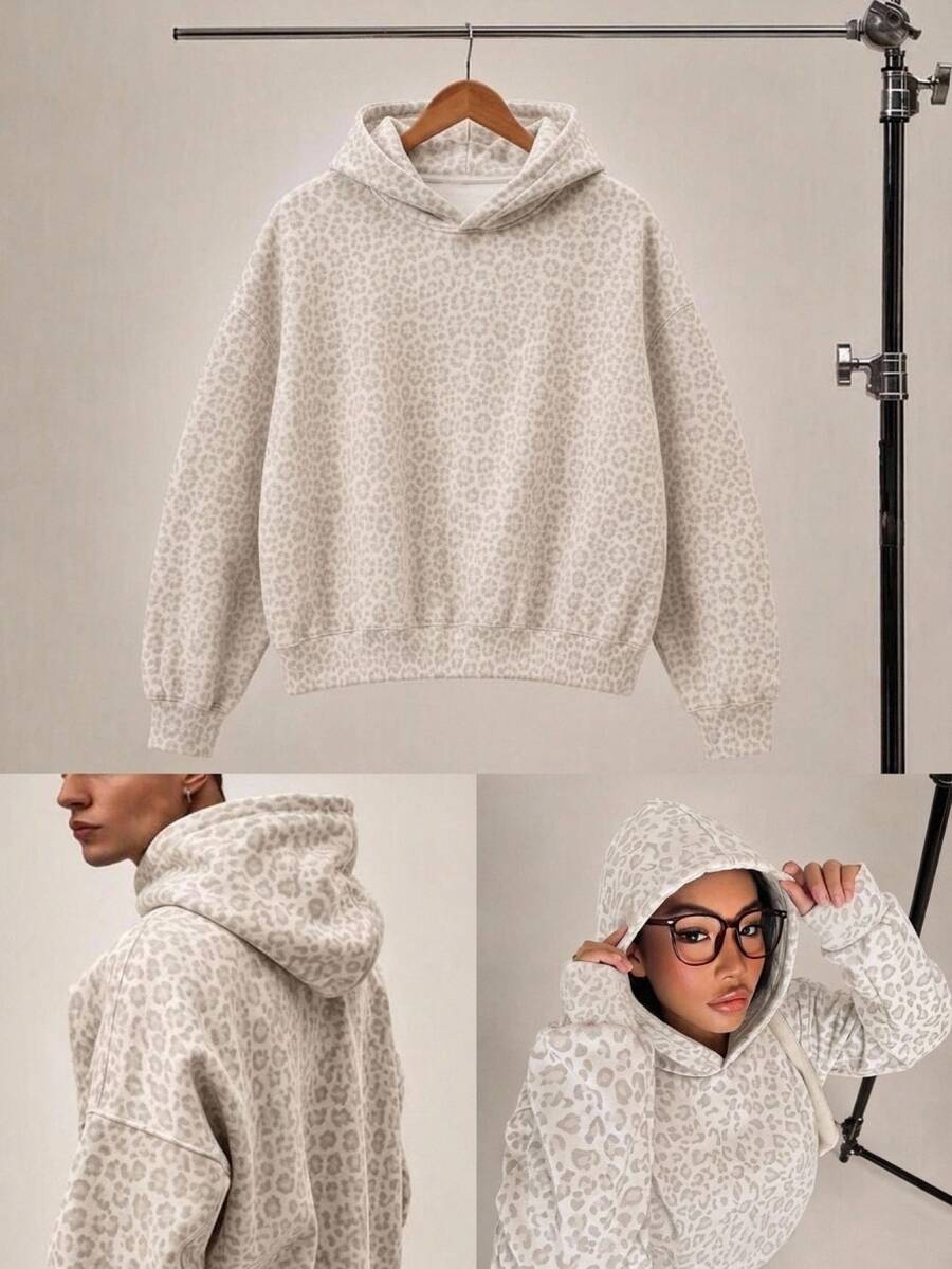 AKNOTIC Men's Grey Knit Letter Embroidered Loose Drop Shoulder Long Sleeve Fashion Hoodie, Suitable For Daily Wear Halloween Winter Party Autumn - White - View 1