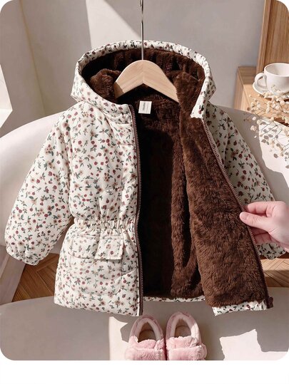 SHEIN Babygirl Cute Autumn/Winter Floral Thermal Lined Versatile Hooded Jacket
