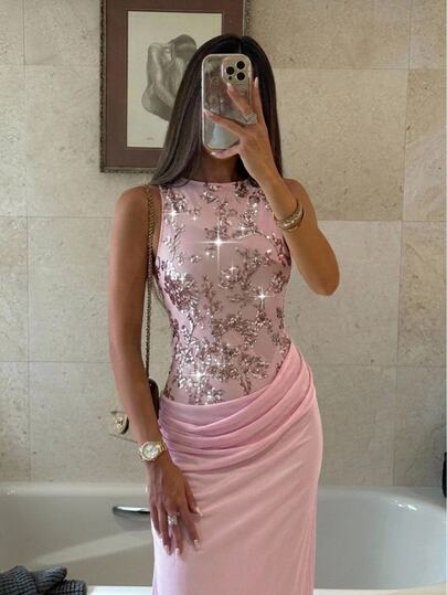 Aloruh Women's Elegant Romantic Light Pink Sequin Dress, Party Party Night Dinner Dress, Elegant Long Dress Vacation Outfits Women Christmas Party Dress