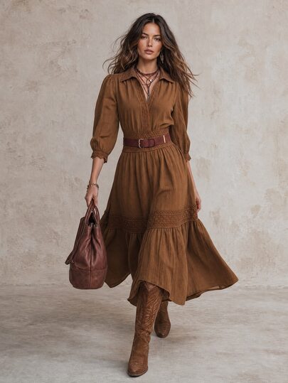Solivie Women's Solid Color Pleated Casual Party Long Dress Fall Clothes For Women Elegant Dressresort Work Dresses For Womenpeasant Dress Beach Dress
