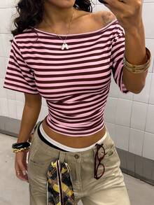 StreetHx Women's Fashionable Multi-Color Striped Asymmetric Neck Casual T-Shirt - Multicolor - View 5