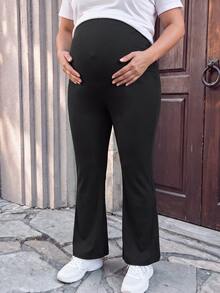 SHEIN Plus Size Maternity Elegant Waist Adjustable Buckle Belly Support Flared Ribbed Knit Black Long Pants Fall - Black - View 2