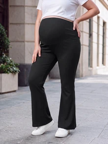 SHEIN Plus Size Maternity Elegant Waist Adjustable Buckle Belly Support Flared Ribbed Knit Black Long Pants Fall - Black - View 10