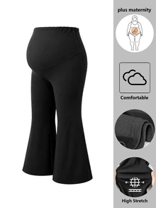 SHEIN Plus Size Maternity Elegant Waist Adjustable Buckle Belly Support Flared Ribbed Knit Black Long Pants Fall - Black - View 3