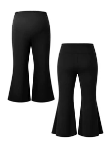 SHEIN Plus Size Maternity Elegant Waist Adjustable Buckle Belly Support Flared Ribbed Knit Black Long Pants Fall - Black - View 6