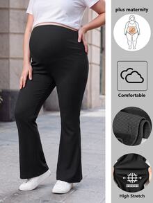 SHEIN Plus Size Maternity Elegant Waist Adjustable Buckle Belly Support Flared Ribbed Knit Black Long Pants Fall - Black - View 1