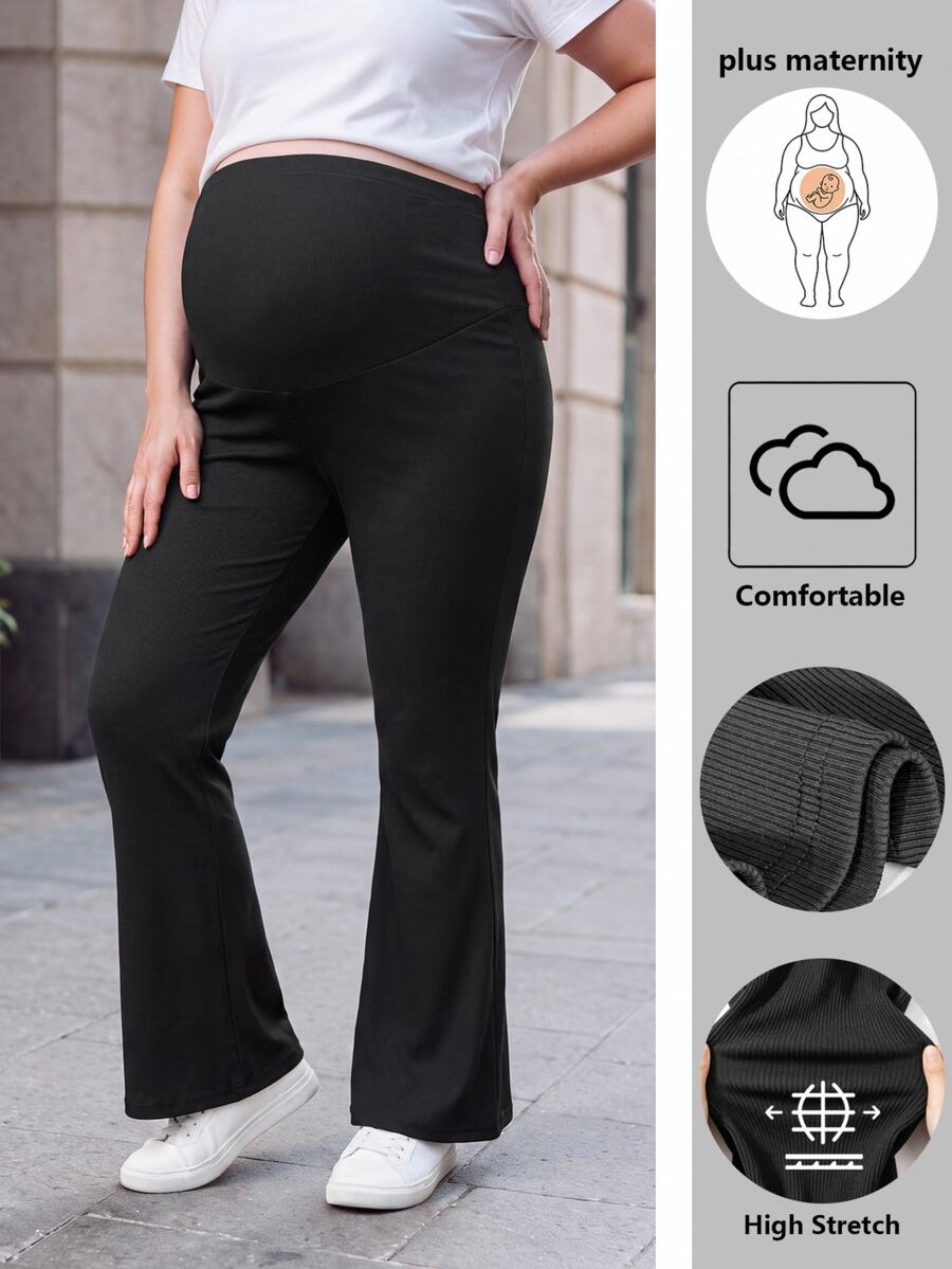 SHEIN Plus Size Maternity Elegant Waist Adjustable Buckle Belly Support Flared Ribbed Knit Black Long Pants Fall - Black - View 1