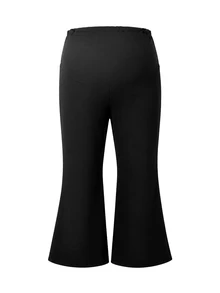 SHEIN Plus Size Maternity Elegant Waist Adjustable Buckle Belly Support Flared Ribbed Knit Black Long Pants Fall - Black - View 9