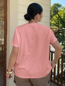 Dazy Plus Plus Size Embroidered Pattern V-Neck Loose White Short Sleeve T-Shirt Summer - Pink - View 4
