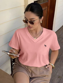 Dazy Plus Plus Size Embroidered Pattern V-Neck Loose White Short Sleeve T-Shirt Summer - Pink - View 5