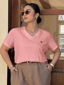 Dazy Plus Plus Size Embroidered Pattern V-Neck Loose White Short Sleeve T-Shirt Summer - Pink - View 6